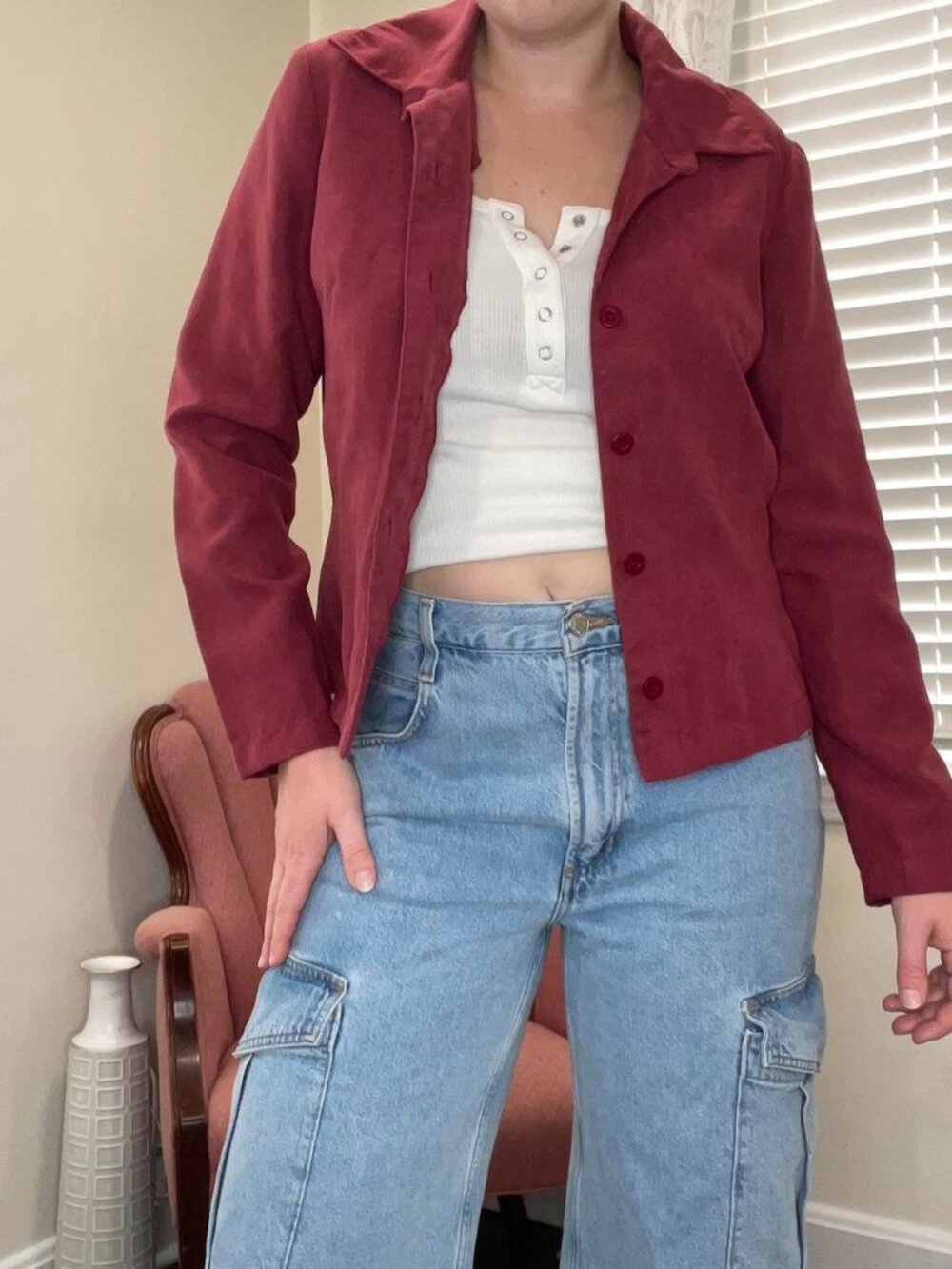 Vtg 90's Red Faux Suede Button Up Jacket
